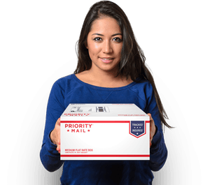 Woman holding Priority Mail box