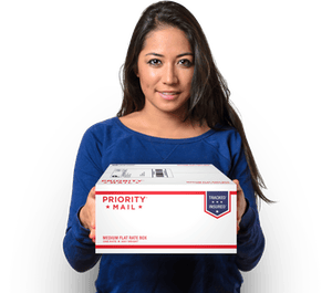 Woman holding Priority Mail box Woman holding Priority Mail box