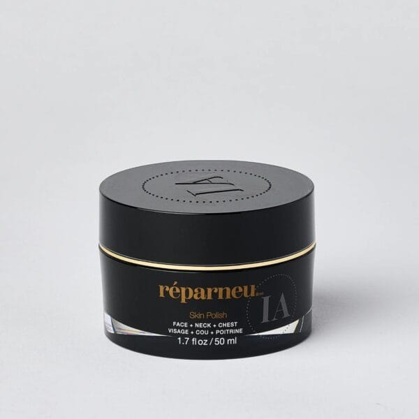 A closeup image shows a black jar of reparneu Skin Polish with gold text for face, neck & chest (1.7 fl oz/50 ml) on a plain light gray background.